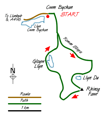 Route Map - Rhinog Fawr & Gloyw Lyn from Cwm Bychan Walk