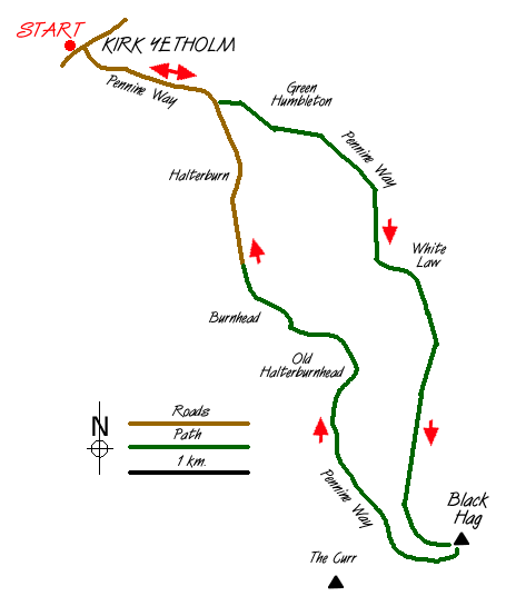 Route Map - Black Hag from Kirk Yetholm Walk