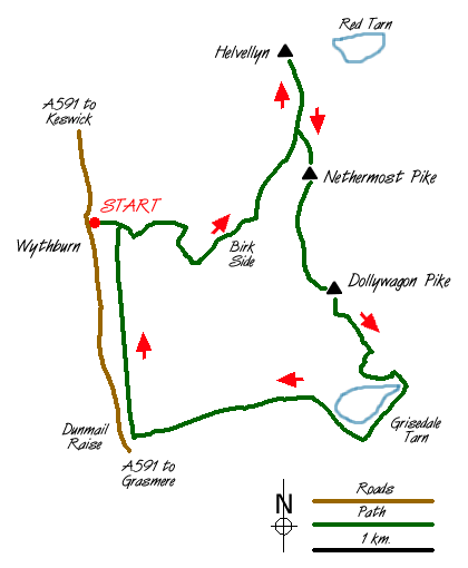 Route Map - Helvellyn & Dollywaggon Pike from Wythburn Walk