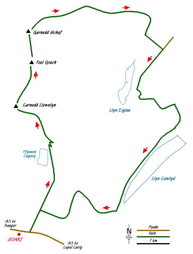 Route Map - Carnedd Llewelyn, Llyn Eigiau & Llyn Cowlyd Walk