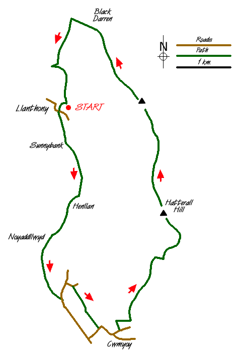 Route Map - Cwmyoy & Hatterrall Hill from Llanthony Priory Walk