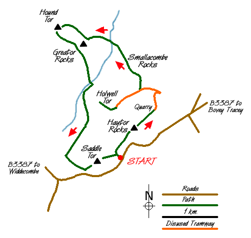 Route Map - Haytor Rocks & Hound Tor from Saddle Tor Walk