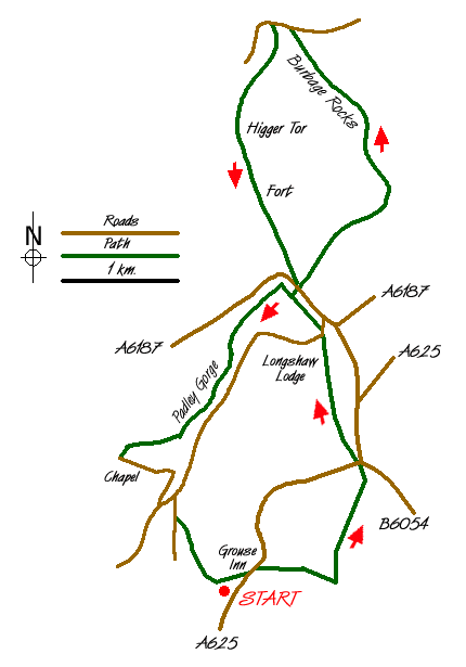 Route Map - Burbage Rocks & Padley Gorge from Hay Wood Walk