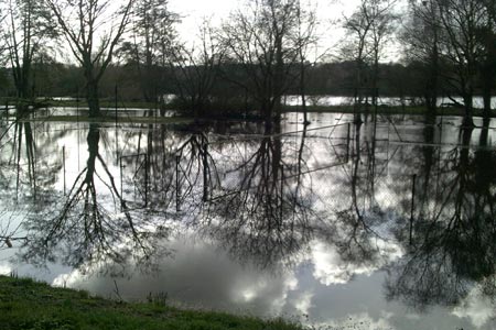 Flooded tennis court adjacent to the canal.