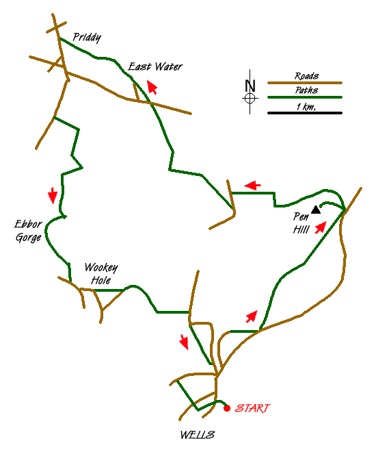 Route Map - Priddy, Ebbor Gorge & Wookey Hole from Wells Walk