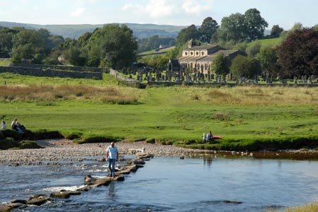 Stepping stones across the River Wharfe to Linton Church
