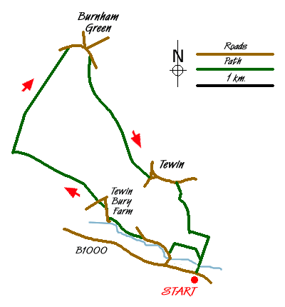 Route Map - Burnham Green, Tewin and the Mimram Valley Walk