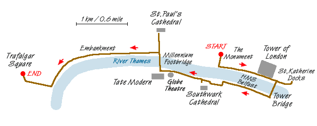 Route Map - The Monument to Trafalgar Square via Southwark Walk