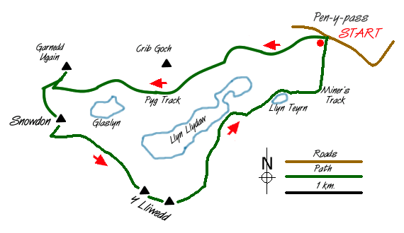Route Map - Snowdon and Y Lliwedd from Pen-y-pass Walk