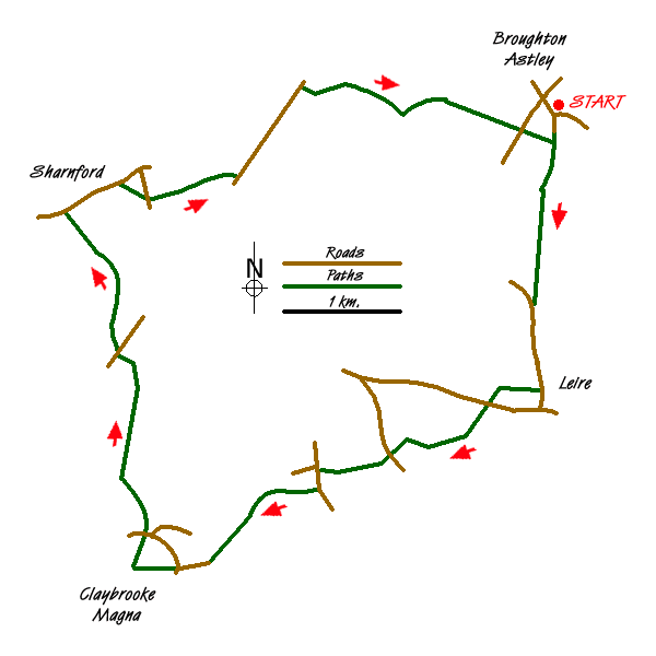 Route Map - Broughton Astley, Leire, Claybrooke Magna & Sharnford Walk