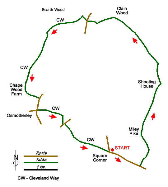 Route Map - Hollin Hill to Square Corner by the Cleveland Way Walk