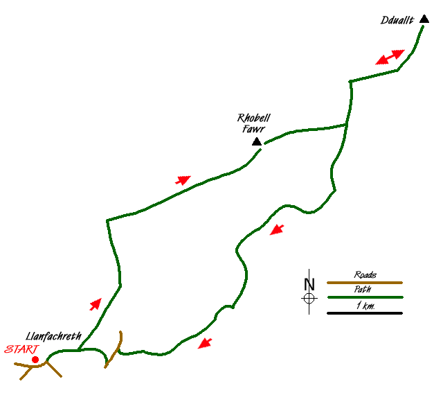 Route Map - Rhobell Fawr and Dduallt from Llanfachreth Walk