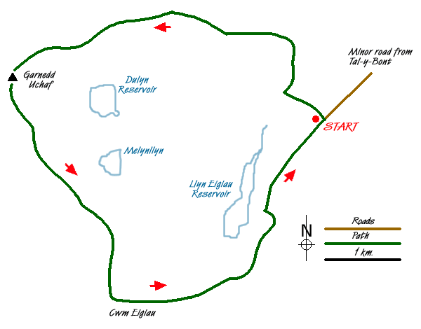 Route Map - Garnedd Uchaf & Llyn Eigiau Walk