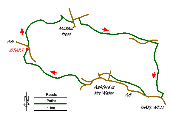 Route Map - Monsal Trail & Ashford-in-the-Water from Lees Bottom
 Walk
