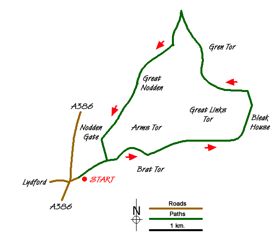 Route Map - Bleak House & Great Nodden from Lydford
 Walk
