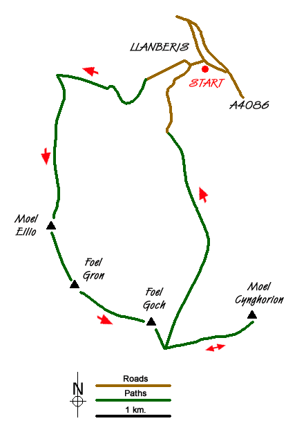 Route Map - Moel Eilio & Moel Cynghorion from Llanberis
 Walk