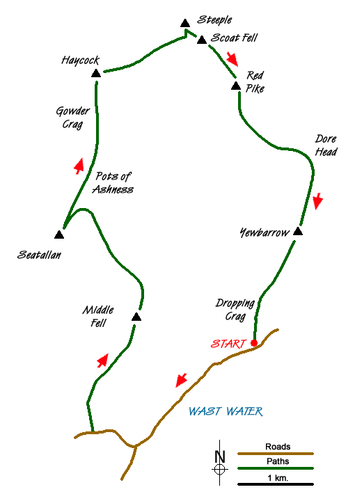 Route Map - Netherbeck Horseshoe - Middle Fell, Steeple & Red Pike from Wasdale Head Walk