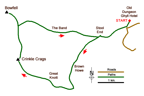 Route Map - Crinkle Crags and Bowfell (Oxendale Horseshoe)
 Walk