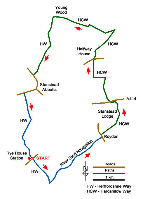 Route Map - Rye House circular via Roydon and Stanstead Abbots Walk