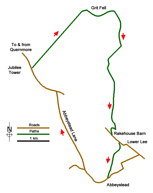 Route Map - Grit Fell from the Jubilee Tower near Quernmore Walk