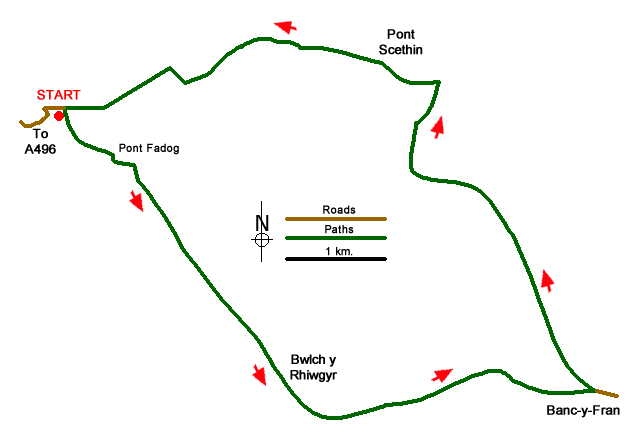 Route Map - Bwlch y Rhiwgyr & Pont Scethin Walk