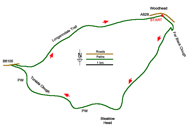 Route Map - Bleaklow & The Longendale Trail from Woodhead Walk