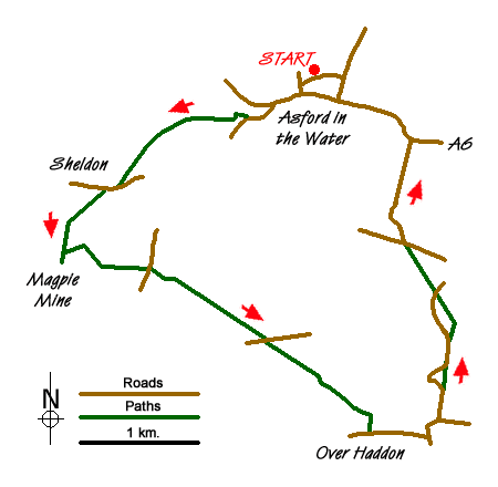Route Map - Ashford-in-the Water,Magpie Mine & Over Haddon
 Walk