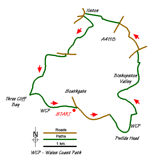Route Map - Three Cliff Bay & Ilston Cwm from Southgate
 Walk