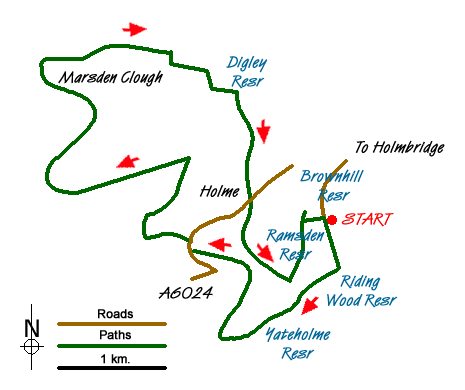 Route Map - Holme & Marsden Clough from Ramsden Reservoir Walk