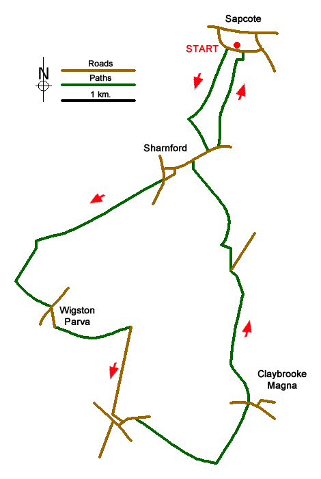 Route Map - Sharnford & Claybrooke Magna from Sapcote
 Walk