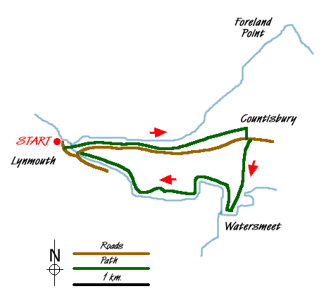 Route Map - Countisbury and Watersmeet from Lynmouth Walk