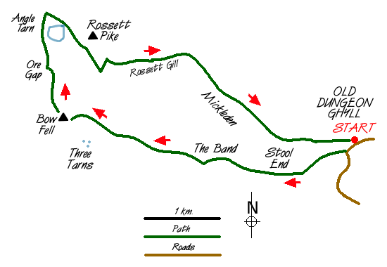 Route Map - Bowfell & Rosset Pike via the Climber's Traverse Walk