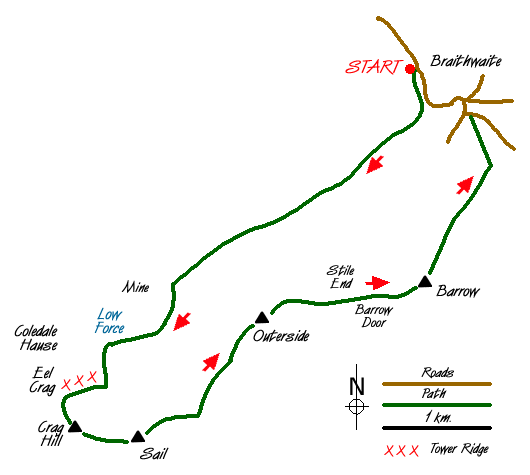 Route Map - Tower Ridge on Eel Crag returning via Sail & Barrow Walk