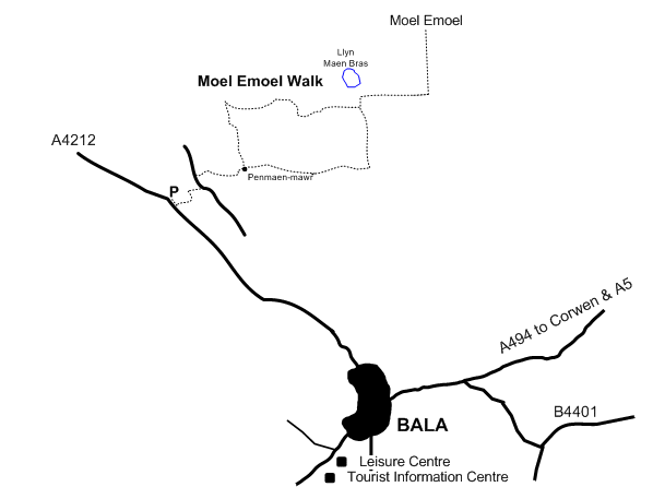 Route Map - Moel Emoel from near Bala Walk
