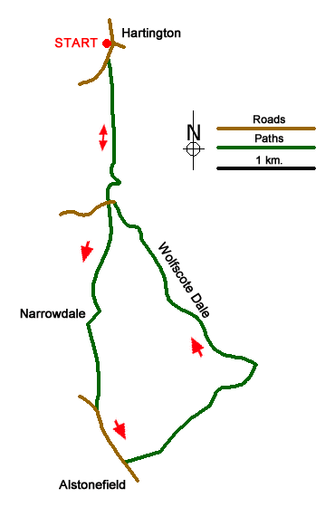 Route Map - Beresford & Wolfescote Dales from Hartington Walk