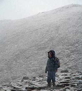 Summit cairn of Ben Vorlich just visible in snow