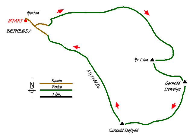 Route Map - Yr Elen, Carnedd Llewellyn & Carnedd Dafydd Walk
