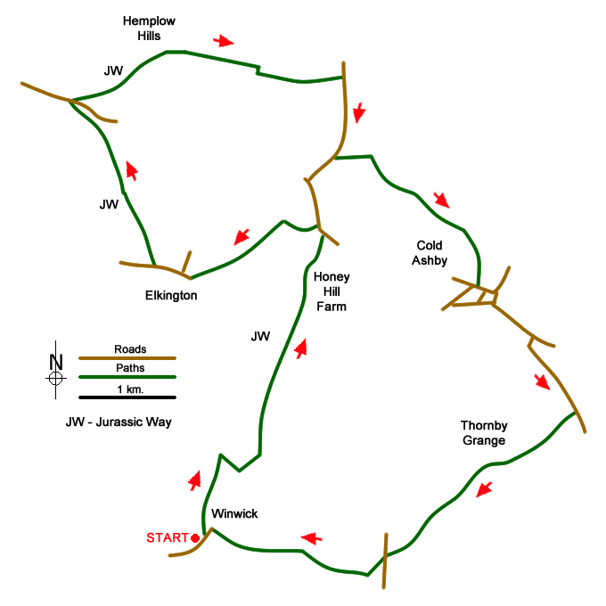 Route Map - Elkington, Grand Union Canal & Cold Ashby from Winwick
 Walk