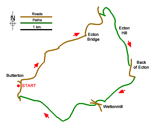 Route Map - Manifold Valley and Ecton Hill Walk