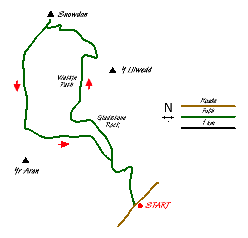 Route Map - Snowdon via the Watkin Path & South Ridge from Bethania Walk