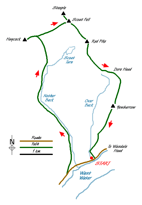Route Map - Circuit of Nether Beck and Over Beck from Wasdale Walk