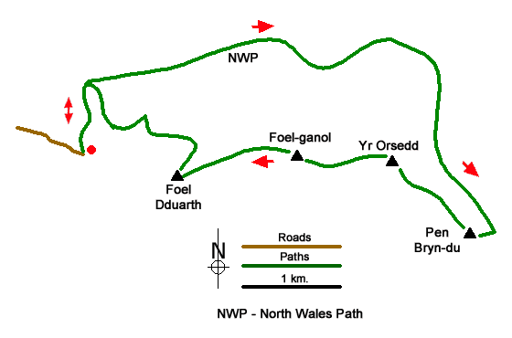 Route Map - Yr Orsedd ridge from near Bont Newydd Walk