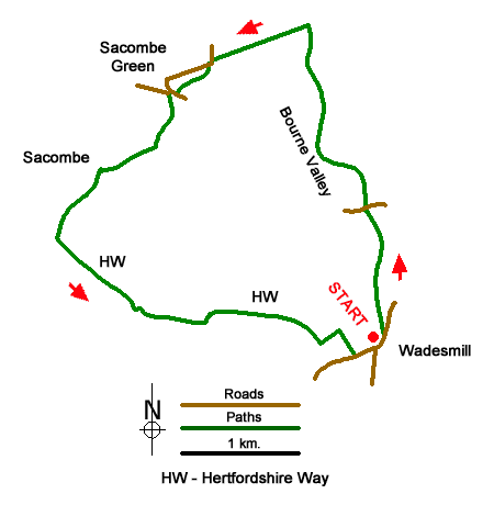 Route Map - Bourne Valley & Sacombe from Wadesmill Walk