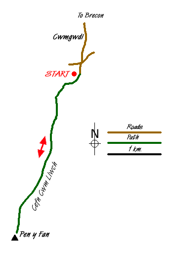 Route Map - Pen y Fan from Cwmgwdi near Brecon Walk