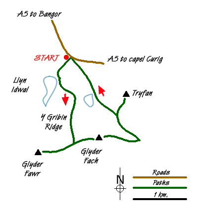 Route Map - Glyder Fach, Glyder Fawr and Tryfan from Idwal Cottage Walk