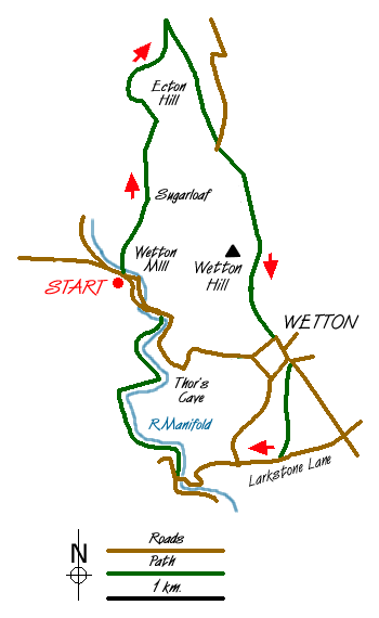 Route Map - Ecton Hill & Wetton from Wetton Mill Walk
