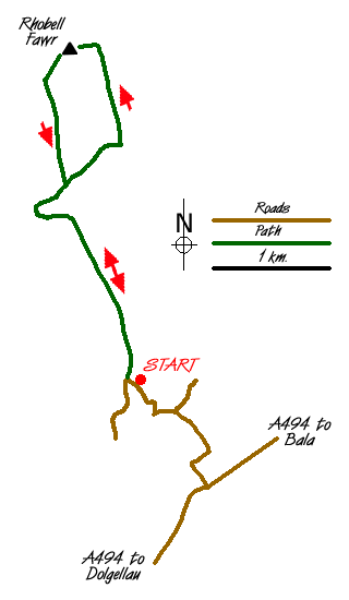 Route Map - Rhobell Fawr from near Rhydymain Walk