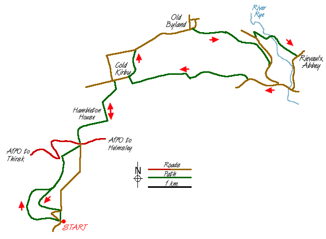 Route Map - Rievaulx Abbey from Kilburn, near Thirsk Walk