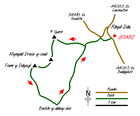 Route Map - Nantlle Ridge Walk from Rhyd Ddu (Route A) Walk