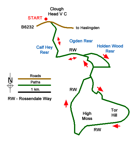 Route Map - Tor Hill & High Moss, Nr Haslingden Walk